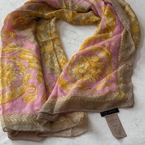 Versace Floral Silk Scarf in Pink and Gold